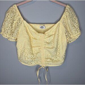 Hollister Yellow Eyelet Crop Top Medium New Short Sleeve Spring Smocked Tie
